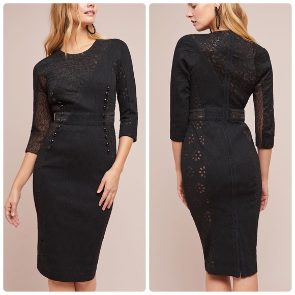 Anthropologie Byron Lars NWT Bettine Column Black Lace 3/4 Sleeves Sheath Dress